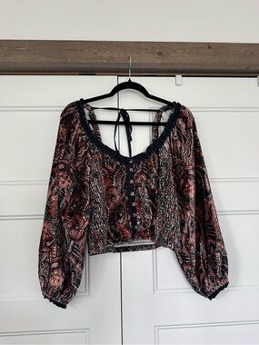 Free People Black & Rust Paisley Peasant Blouse